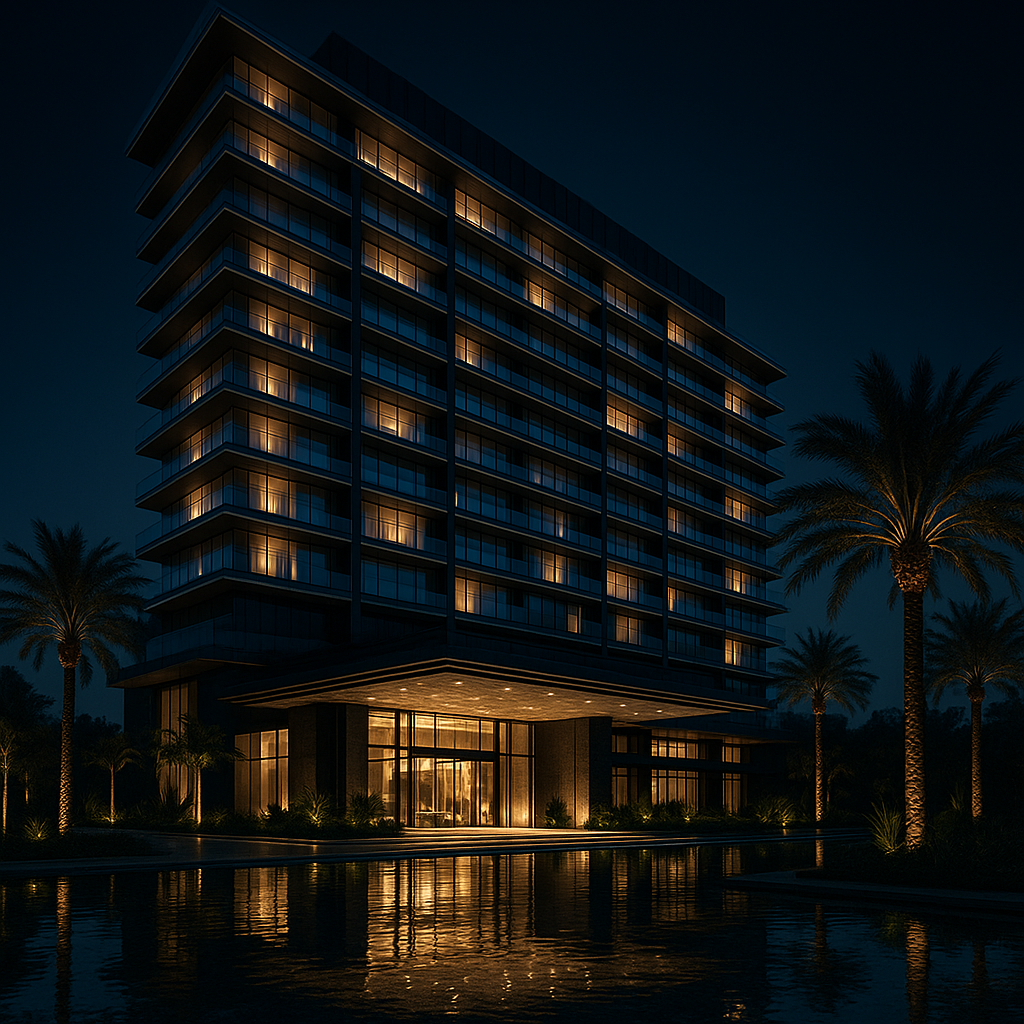 Luxury five-star hotel exterior with modern architecture illuminated at night